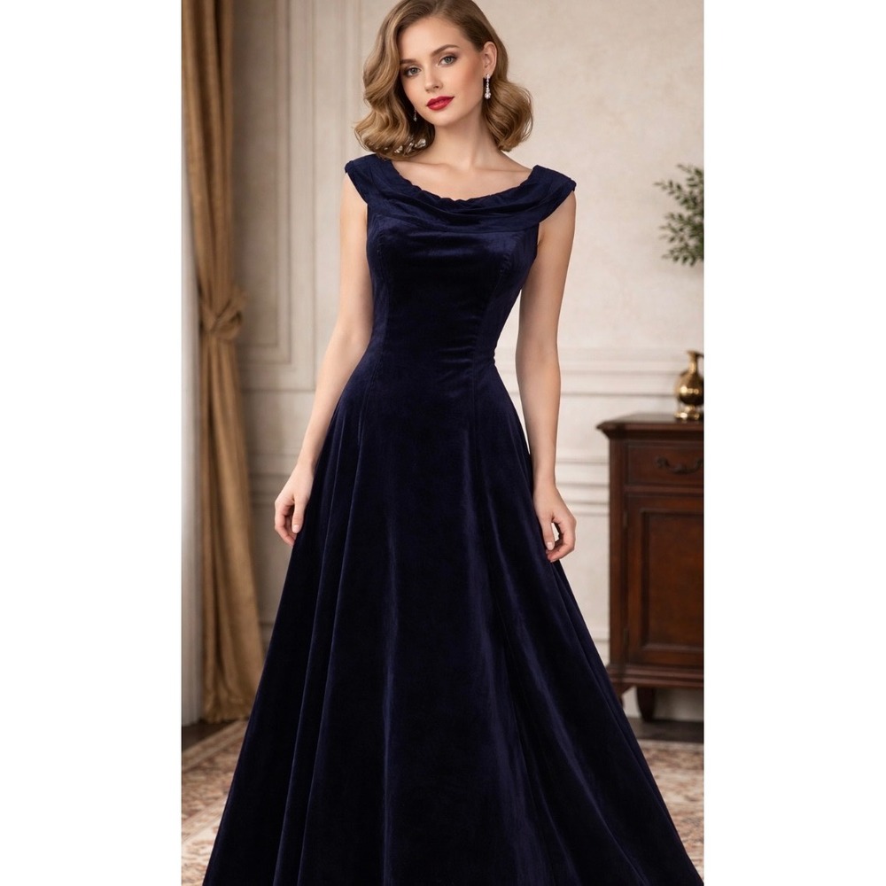 Vintage Laura Ashley Navy Blue Velvet Cowl Neck Gown US12 Bow Back Made in UK
